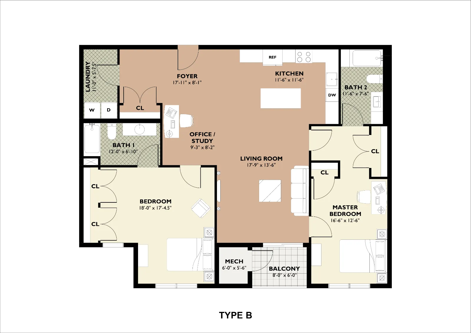 Type B 2 BD floor plan