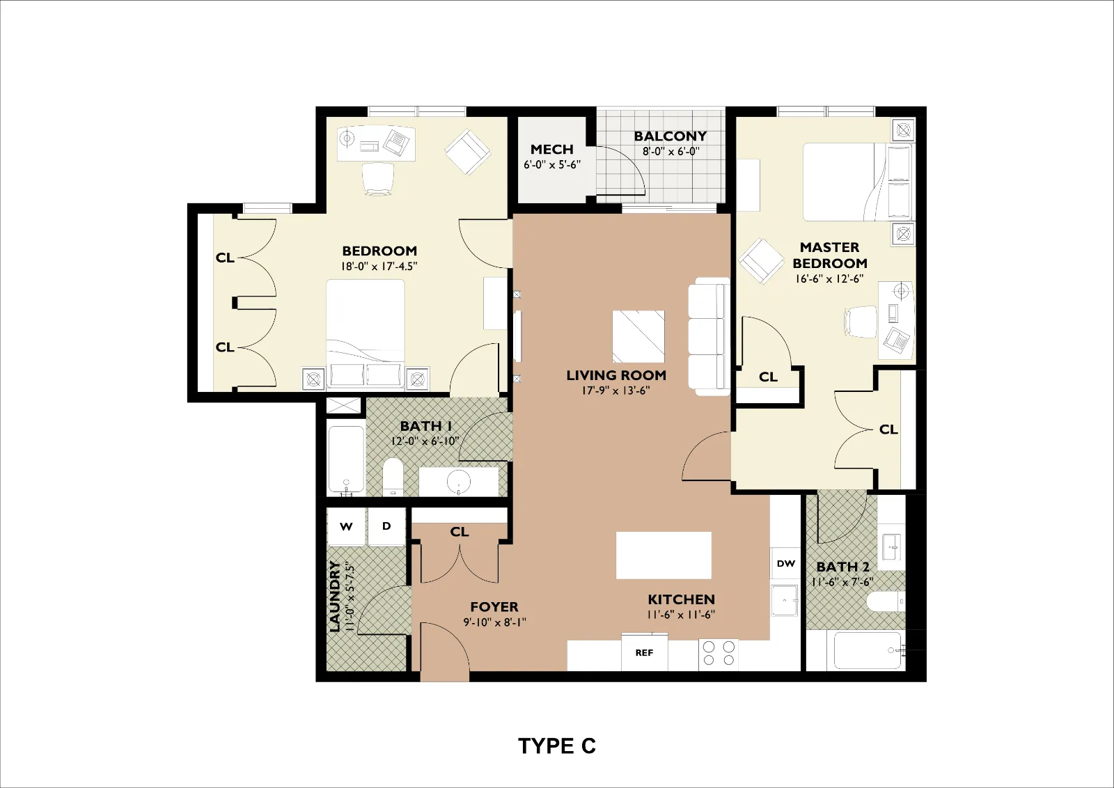 Type C 2 BD floor plan
